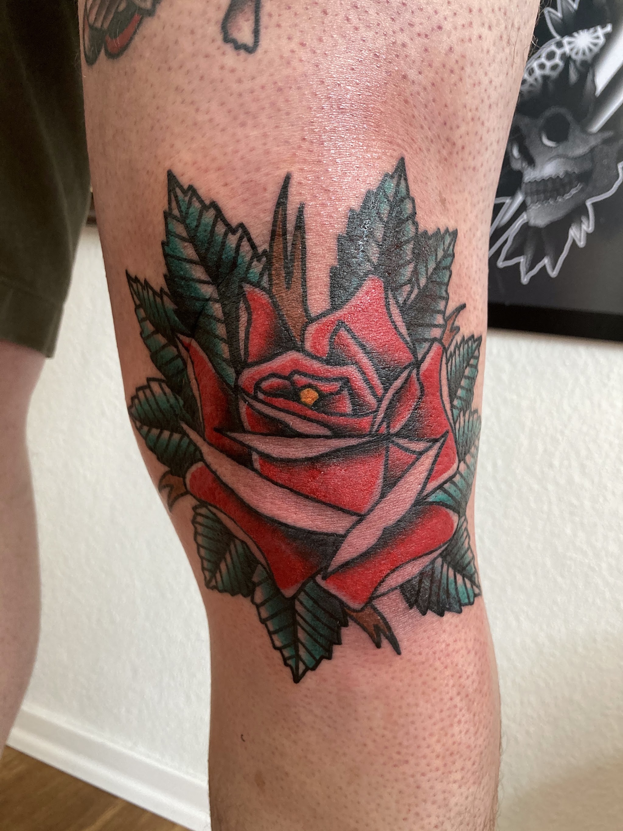 Traditional rote Rose am Knie
